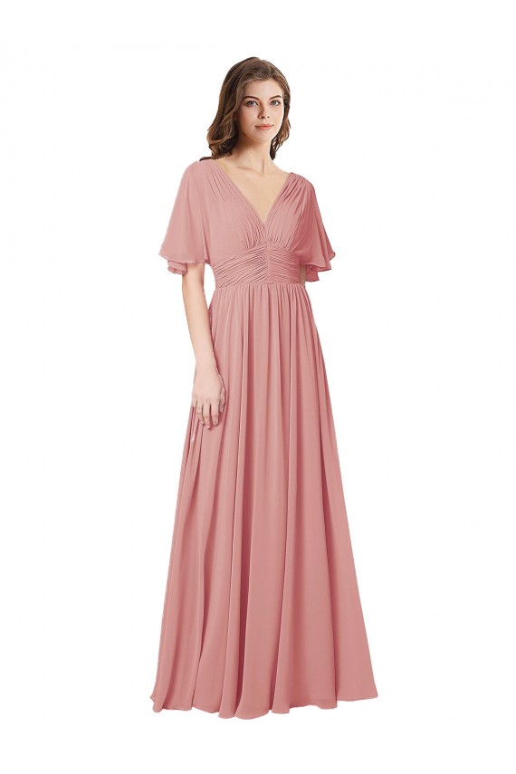 V-Back Bliss Pink Soft Chiffon V-Neck Long Flutter Sleeves Bridesmaid Dress Norwich