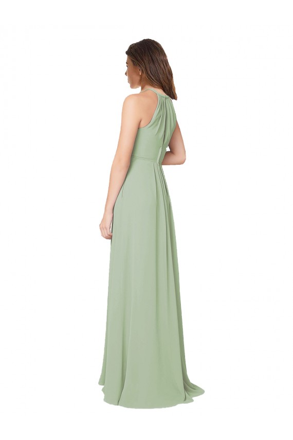Keyhole Back Smoke Green Soft Chiffon Halter Neck Long Sleeveless Bridesmaid Dress Norwich