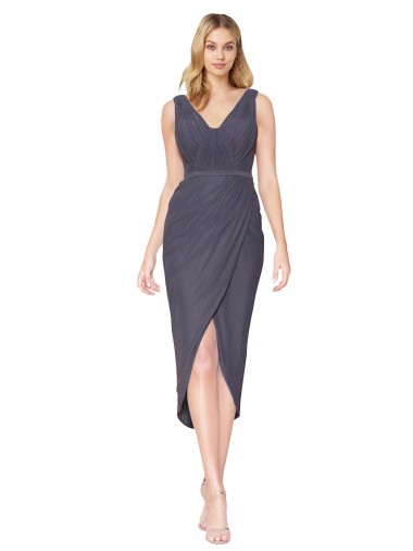 V-Back Slate Grey Soft Chiffon V-Neck Cocktail Length Sleeveless High Low Evening Gown / Prom Dress / Bridesmaid Dress Norwich