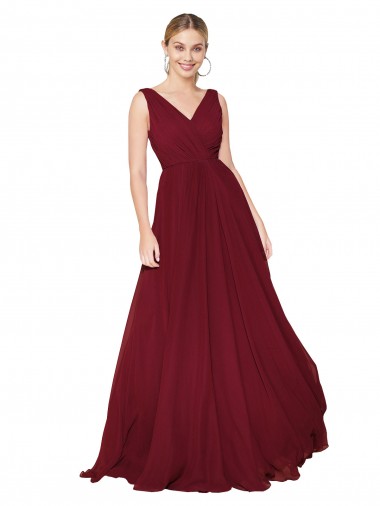 V-Back Burgundy Soft Chiffon V-Neck Long Sleeveless Formal Dress / Bridesmaid Dress Norwich