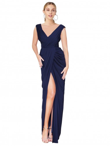V-Back Dark Navy Soft Chiffon V-Neck Long Sleeveless Formal Evening Gown / Prom Dress / Bridesmaid Dress Norwich