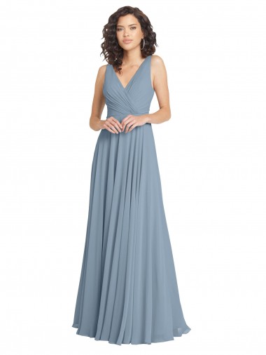 V-Back A-Line Dusty Blue V-Neck Long Sleeveless Bridesmaid Dress Norwich