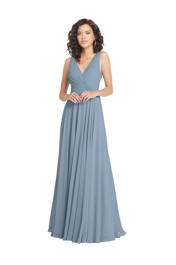 V-Back A-Line Dusty Blue V-Neck Long Sleeveless Bridesmaid Dress Norwich