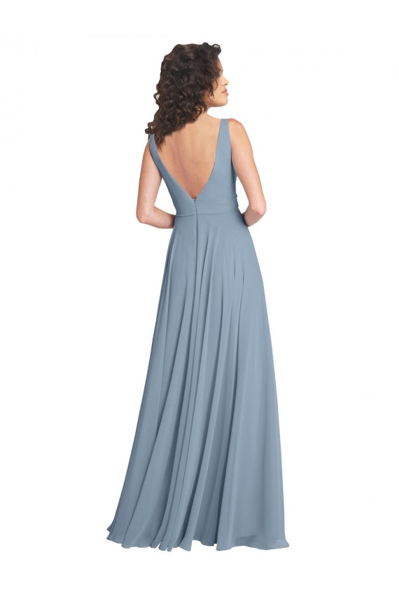 V-Back A-Line Dusty Blue V-Neck Long Sleeveless Bridesmaid Dress Norwich