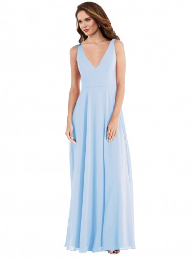 Light Sky Blue Soft Chiffon V-Neck Long Sleeveless Semi Formal Evening Dress / Bridesmaid Dress Norwich