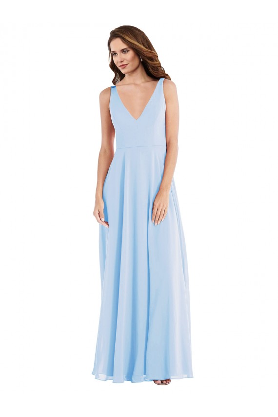 Light Sky Blue Soft Chiffon V-Neck Long Sleeveless Semi Formal Evening Dress / Bridesmaid Dress Norwich