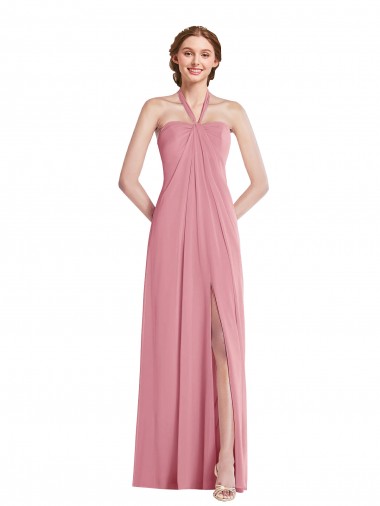Open Back Skin Pink Soft Chiffon Halter Neck Long Sleeveless Semi Formal Evening Dress / Bridesmaid Dress Norwich