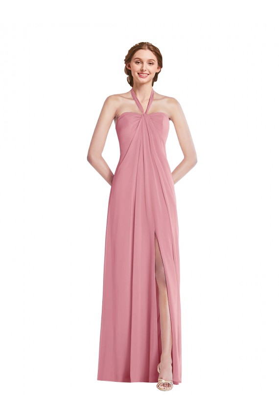 Open Back Skin Pink Soft Chiffon Halter Neck Long Sleeveless Semi Formal Evening Dress / Bridesmaid Dress Norwich