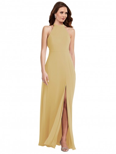 Open Back Gold Soft Chiffon Halter Neck Long Sleeveless Semi Formal Evening Dress / Bridesmaid Dress Norwich