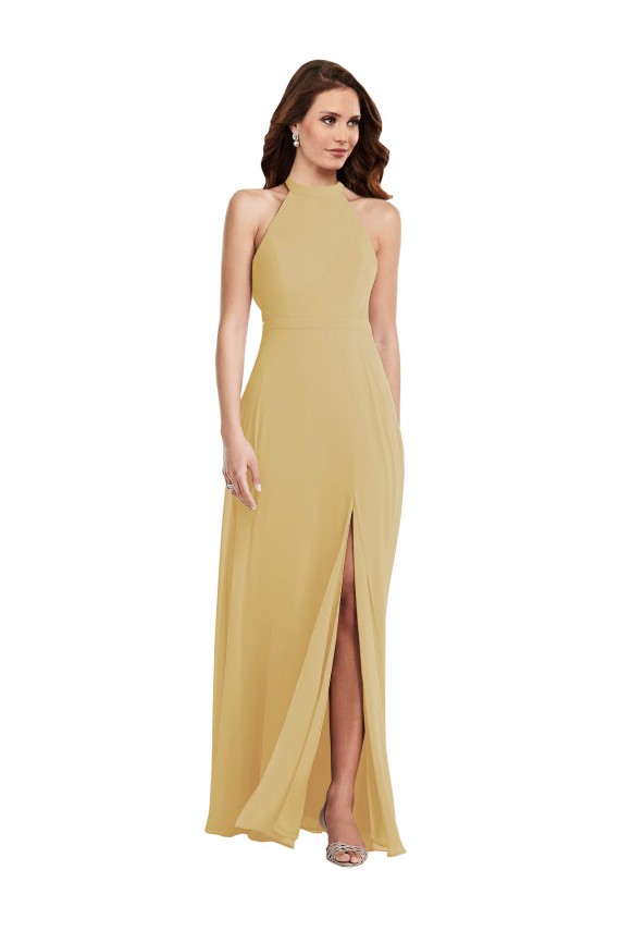 Open Back Gold Soft Chiffon Halter Neck Long Sleeveless Semi Formal Evening Dress / Bridesmaid Dress Norwich