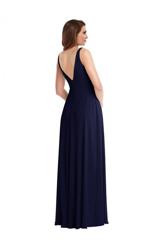 V-Back Dark Navy Soft Chiffon V-Neck Long Sleeveless Black Tie Evening Gown / Bridesmaid Dress Norwich