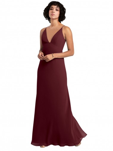 V-Back Burgundy Gold Soft Chiffon V-Neck Long Sleeveless Bridesmaid Dress / Formal Dress Norwich