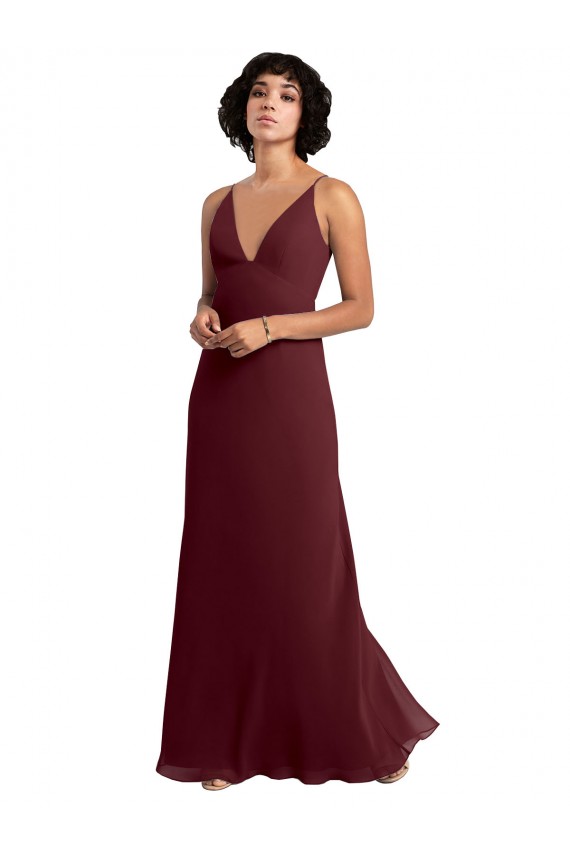 V-Back Burgundy Gold Soft Chiffon V-Neck Long Sleeveless Bridesmaid Dress / Formal Dress Norwich