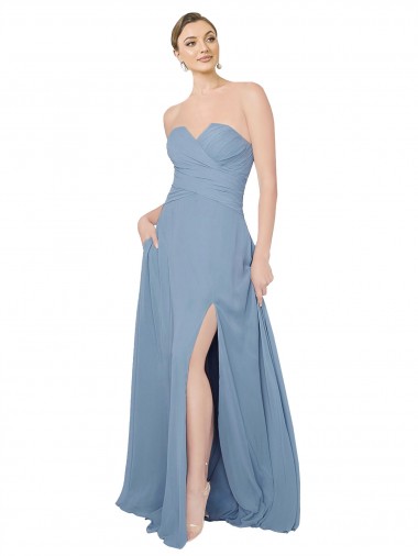 Low Back Dusty Blue Chiffon Sweetheart Long Sleeveless Bridesmaid Dress / Evening Dress Norwich