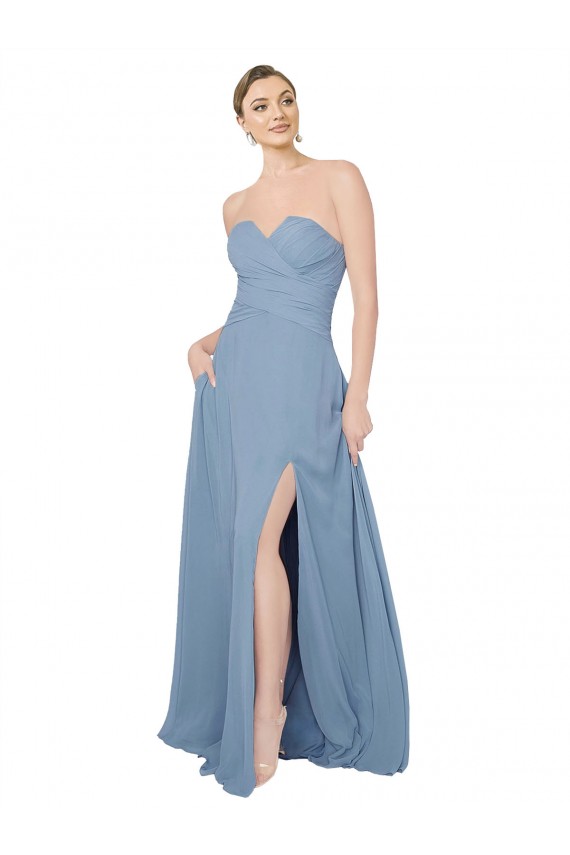 Low Back Dusty Blue Chiffon Sweetheart Long Sleeveless Bridesmaid Dress / Evening Dress Norwich