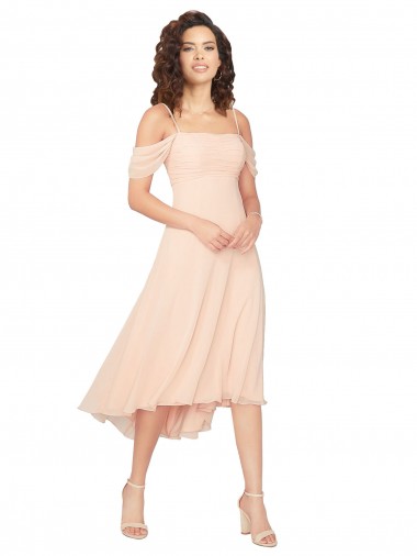 Low Back Soft Chiffon Square Neck Midi Length Cold Shoulder High Low Bridesmaid Dress Norwich