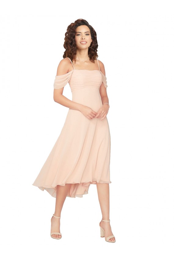 Low Back Soft Chiffon Square Neck Midi Length Cold Shoulder High Low Bridesmaid Dress Norwich