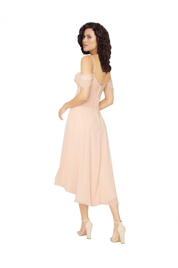 Low Back Soft Chiffon Square Neck Midi Length Cold Shoulder High Low Bridesmaid Dress Norwich