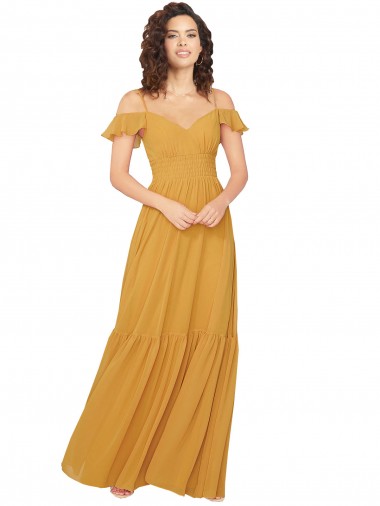 Keyhole Back Soft Chiffon V-Neck Long Cold Shoulder Bridesmaid Dress Norwich