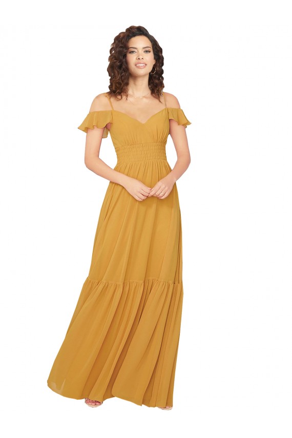 Keyhole Back Soft Chiffon V-Neck Long Cold Shoulder Bridesmaid Dress Norwich