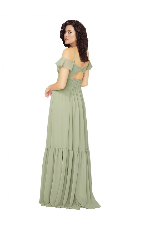 Keyhole Back Soft Chiffon V-Neck Long Cold Shoulder Bridesmaid Dress Norwich