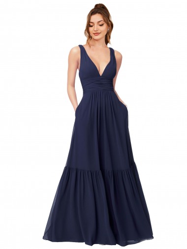 V-Back Chiffon V-Neck Long Full Length Sleeveless Evening Gowns / Bridesmaid Dress Norwich