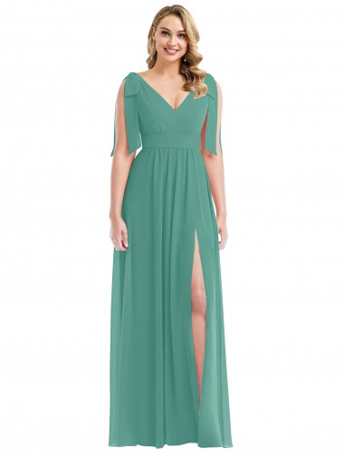 V-Back Icelandic Silver Soft Chiffon V-Neck Long Sleeveless Semi Formal Evening Dress / Bridesmaid Dress Norwich