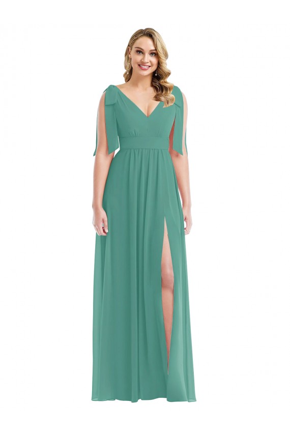 V-Back Icelandic Silver Soft Chiffon V-Neck Long Sleeveless Semi Formal Evening Dress / Bridesmaid Dress Norwich