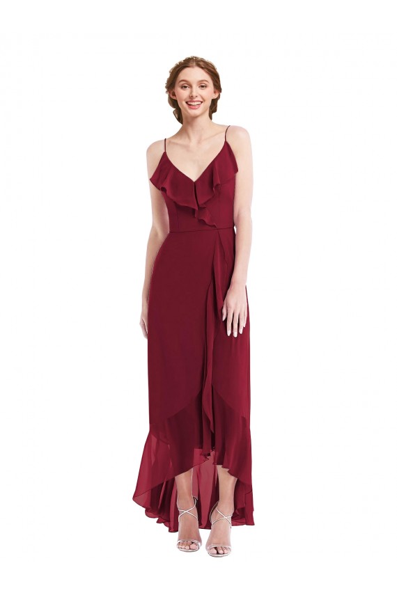 Low Back Soft Chiffon Spaghetti Straps Long Sleeveless High Low Evening Gown / Bridesmaid Dress Norwich