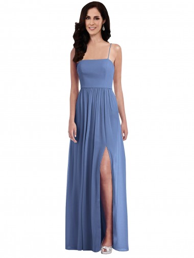 Low Back Windsor Blue Soft Chiffon Spaghetti Straps Long Sleeveless Semi Formal Evening Dress / Bridesmaid Dress Norwich