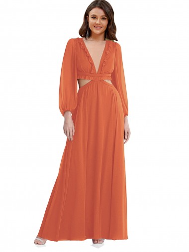 Open Back Soft Chiffon V-Neck Long Long Sleeves High Low Evening Gown / Bridesmaid Dress Norwich
