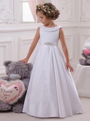 Satin & Lace Bateau Neck Long Sleeveless Flower Girl Dresses Norwich