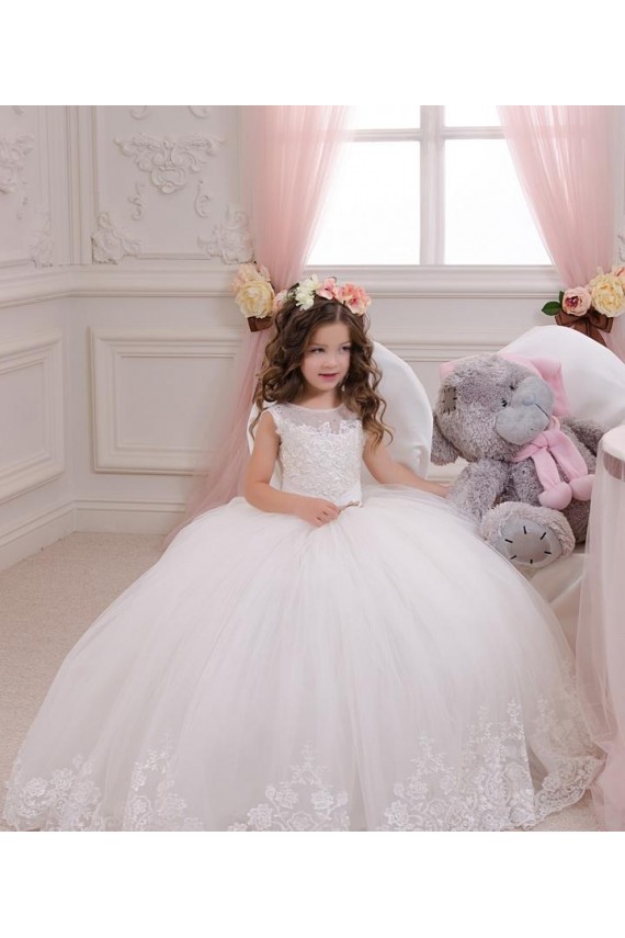 Tulle & Lace Bateau Neck Chapel Train Sleeveless Flower Girl Wedding Dress Norwich