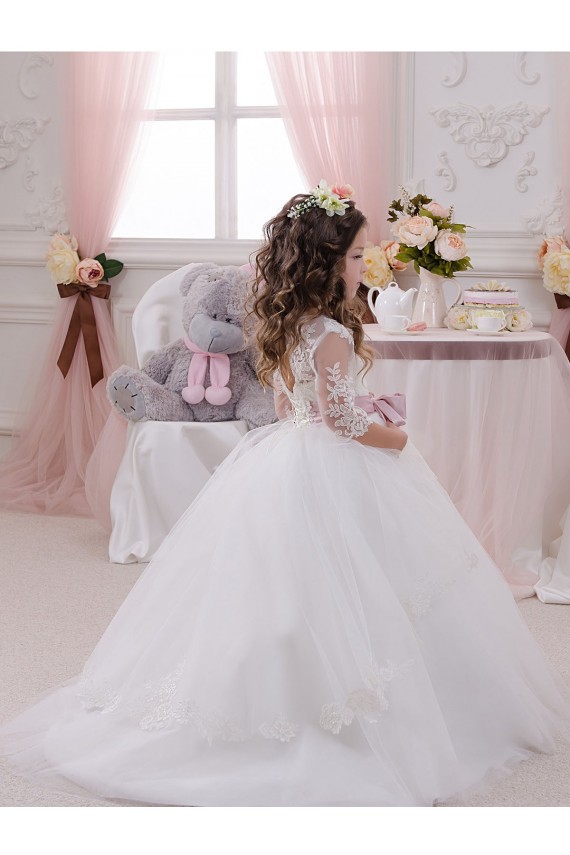 Tulle & Lace Bateau Neck Chapel Train Sleeveless Flower Girl Dress Norwich
