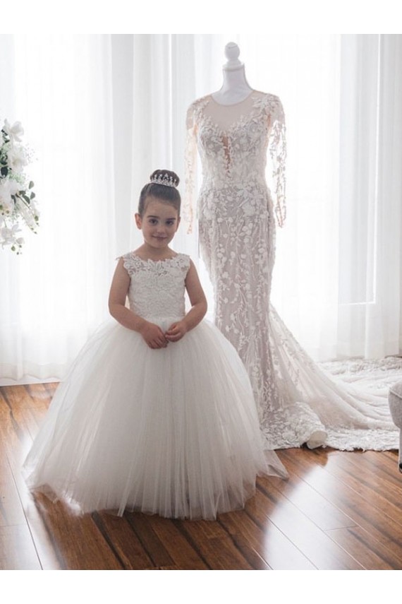 Tulle & Lace Bateau Neckline Chapel Train Sleeveless Flower Girl Dress Norwich