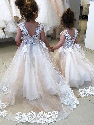 V-Back Tulle & Lace Bateau Neck Chapel Train Sleeveless Little Flower Girl Dress Norwich