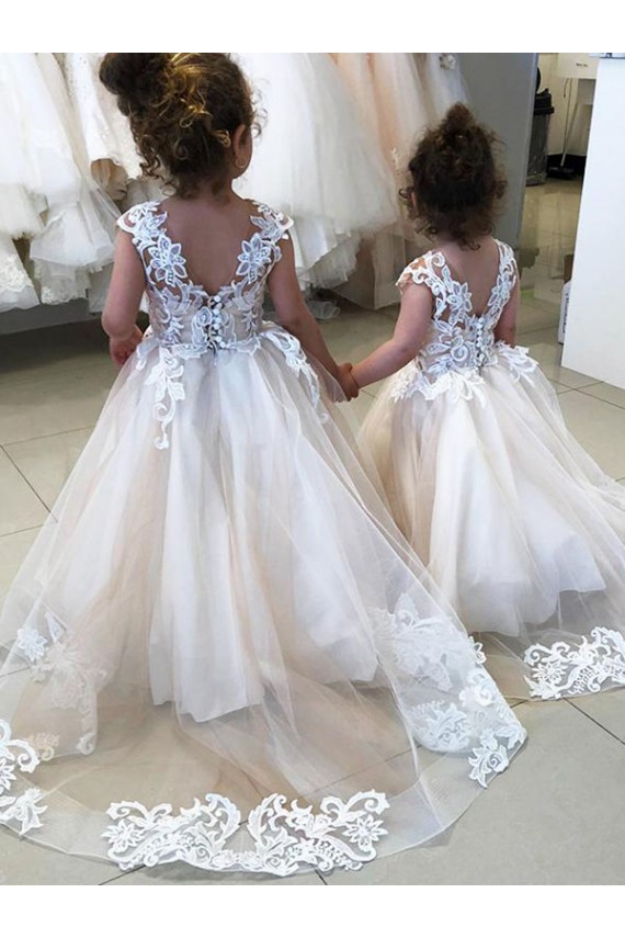 V-Back Tulle & Lace Bateau Neck Chapel Train Sleeveless Little Flower Girl Dress Norwich