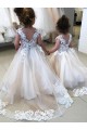 V-Back Tulle & Lace Bateau Neck Chapel Train Sleeveless Little Flower Girl Dress Norwich