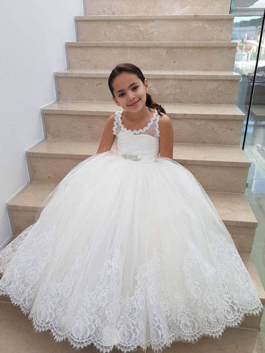 Keyhole Back Tulle & Lace High Neck Long Sleeveless Flower Girl Dress for Wedding Norwich
