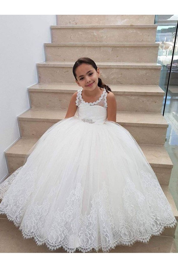 Keyhole Back Tulle & Lace High Neck Long Sleeveless Flower Girl Dress for Wedding Norwich