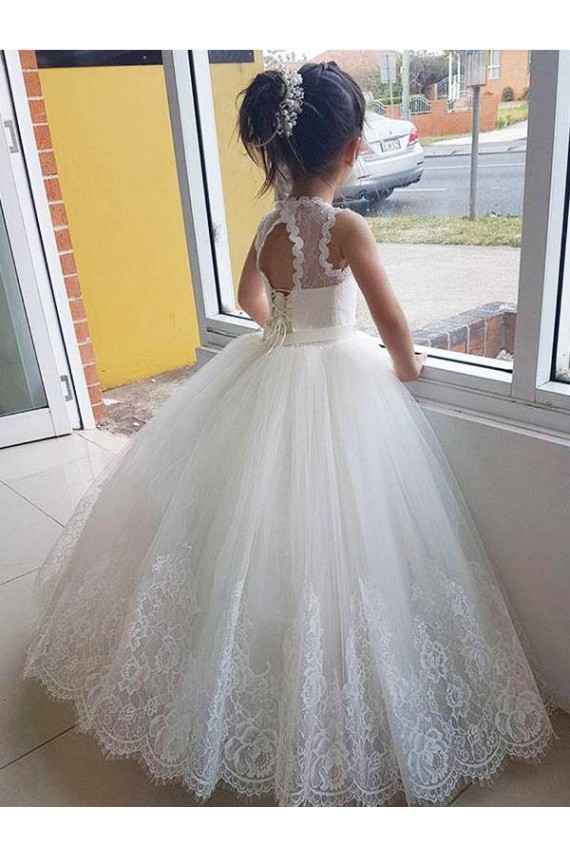 Keyhole Back Tulle & Lace High Neck Long Sleeveless Flower Girl Dress for Wedding Norwich