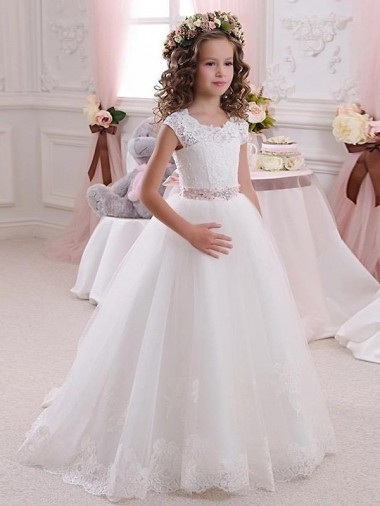 Keyhole Back Tulle & Lace High Neck Long Cap Sleeves Flower Girl Dress Norwich
