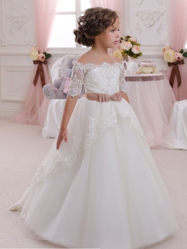 Keyhole Back Tulle & Lace High Neck Short Sleeves Long Flower Girl Dresses Norwich