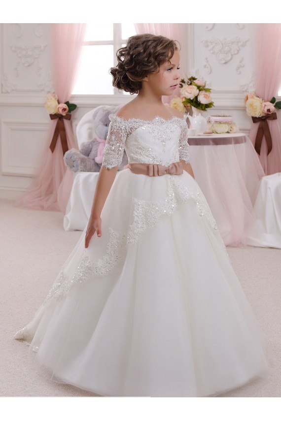 Keyhole Back Tulle & Lace High Neck Short Sleeves Long Flower Girl Dresses Norwich