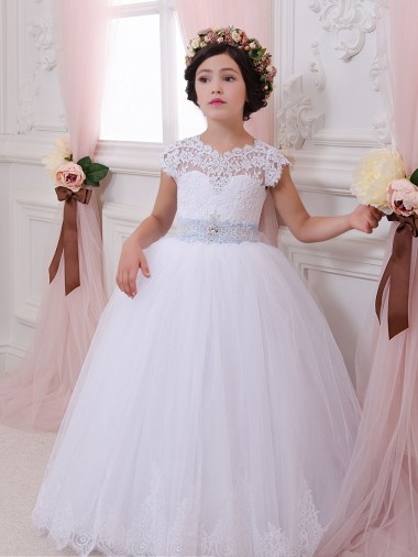 Tulle & Lace Sweetheart Chapel Train Cap Sleeves Flower Girl Dresses Norwich