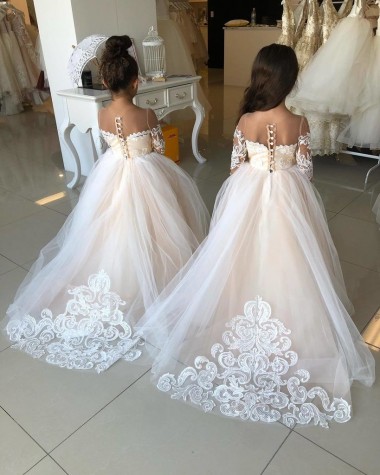Tulle & Lace Sweetheart Chapel Train Long Sleeves Little Flower Girl Dress Norwich