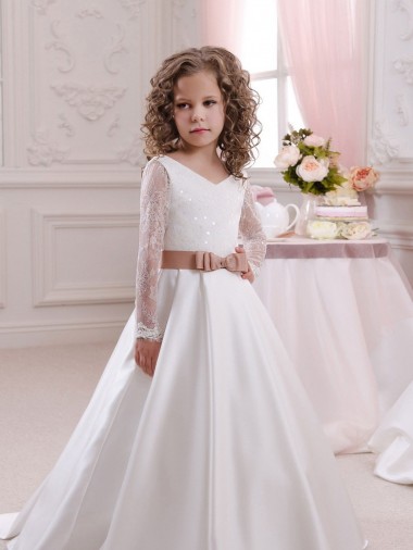 Satin & Lace V-Neck Chapel Train Long Sleeves Flower Girl Dress Norwich