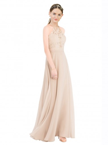 Keyhole Back Soft Chiffon & Lace Halter Neck Long Sleeveless Prom Dress / Bridesmaid Dress Norwich