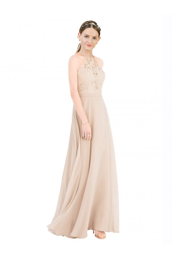 Keyhole Back Soft Chiffon & Lace Halter Neck Long Sleeveless Prom Dress / Bridesmaid Dress Norwich