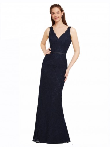 Open Back Dark Navy Lace V-Neck Long Sleeveless Bridesmaid Dress Norwich